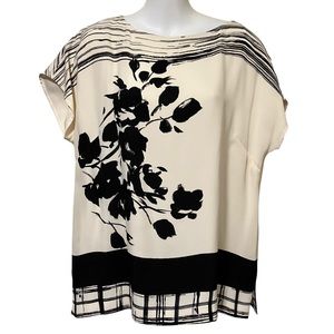 St. John Silk Black & Off White /Cream Floral Blouse
